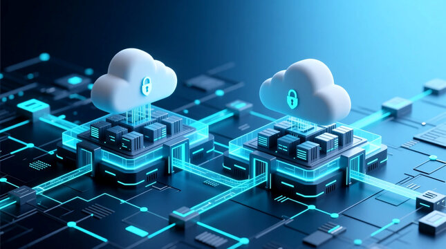 Visualizing secure data exchange in hybrid cloud environment with advanced cyber security mesh network abstract Enterprise architecture protection for public and private systems