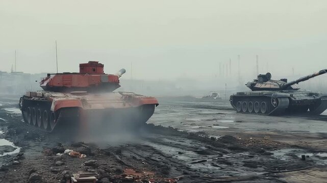 Abandoned Tanks in a Foggy Landscape Illustrating Remnants of Past Military Conflict