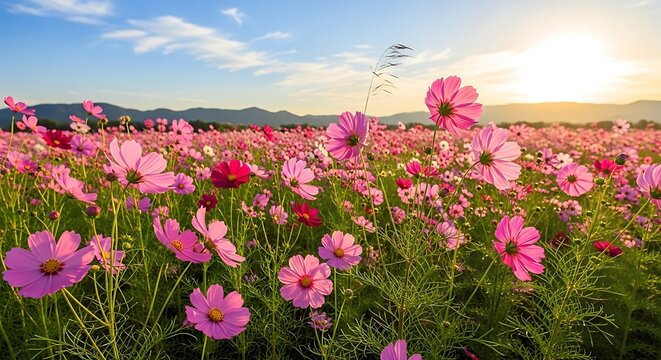 Vibrant Pink Cosmea Flowers Blooming in Sunny Meadow Against Mountainous Horizon