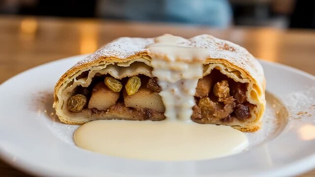 Delicious apple strudel with raisins served on a white plate with creamy sauce in a cozy caf?