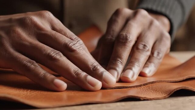Expert Craftsman Examines Leather Textures. Skilled Artisan Precisely Prepares Leather For Footwear. Artisan Meticulously Inspects And Shapes Textured Leather In Rustic Workshop Environment