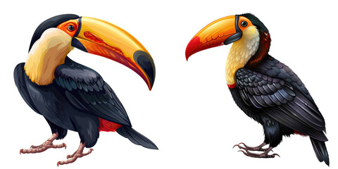Fototapeta premium Toucan with Yellow Beak Black Body and Red Legs Set Isolated on Transparent Background, PNG