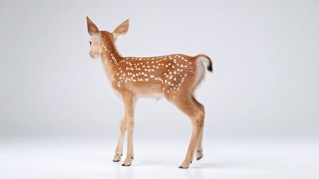 Adorable young fawn standing peacefully on a clean white background, expressing innocence, wildlife beauty, and gentle calm in minimalist cinematic 4K footage.