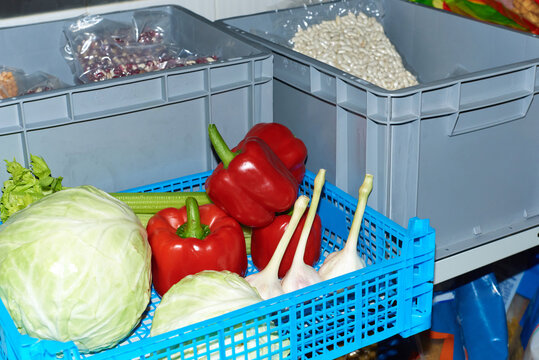 Fresh vegetables stored in a blue basket in a kitchen storage area