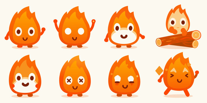 Cute cartoon flames and a log with expressive faces and poses