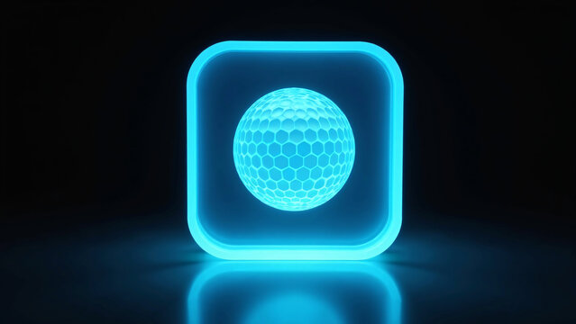 A glowing blue sphere with a hexagonal pattern sits inside a neon rounded square against a dark background, creating a sleek, futuristic, high‑contrast digital‑tech icon.
