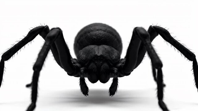Close-up macro shot of a large black spider with eight legs, showcasing its intricate details on a white background