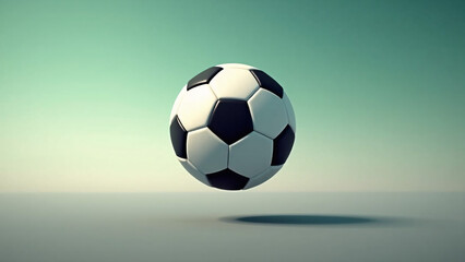 Naklejka premium A classic black‑and‑white soccer ball floats gently above a soft gradient backdrop, its shadow grounding it while the calm atmosphere highlights its simple, iconic form. 