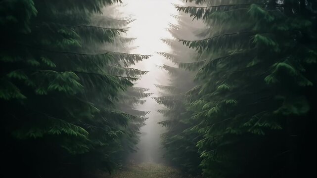 Misty path through verdant evergreen forest with light ahead and trees lining way