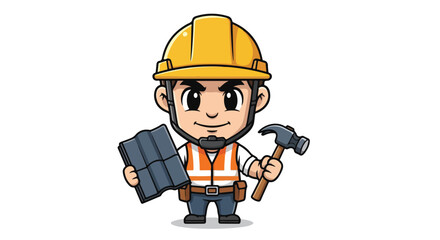 Fototapeta premium Roofing Worker Mascot Big Head Small Body Roofing Service Vector