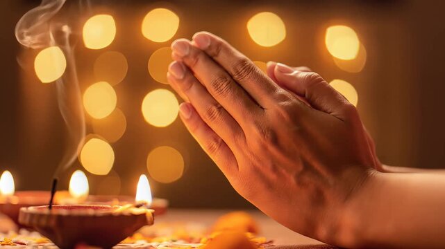 Hands in Prayer with Lit Diyas and Bokeh Lights