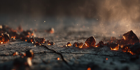 Hot glowing embers and ash scattered on cracked ground  