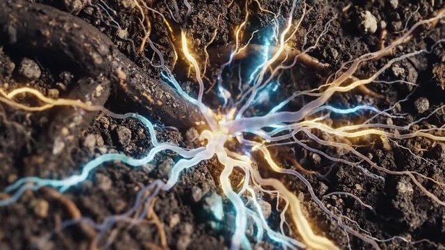 Bioluminescent Underground Network. Electrical Currents Flow Through Underground Fungal Filament Systems. Microscopic Mycelium Structures Glow With Electric Blue And Amber Signals Deep Within Soil
