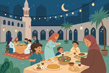 Community Iftar Mosque Courtyard Warm And Joy Premium Digital Asset Suitable for Design