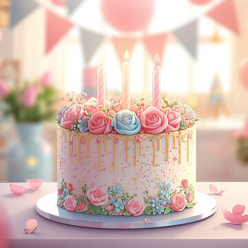 Birthday cake  decorated with  suger rose flowers