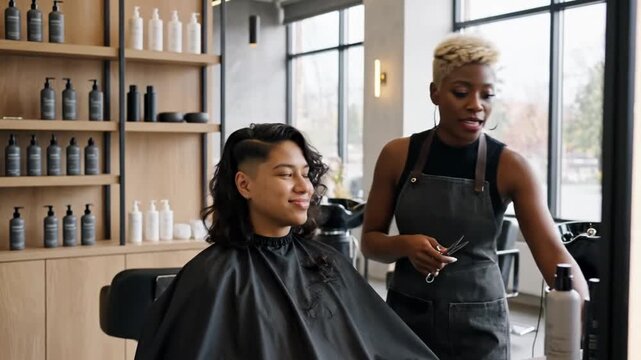 Stylish Haircut Session. Asian Client Receives Modern Hairstyle. Professional Stylist Creates Trendy Undercut Look. Bright Salon Environment With Cheerful Consultation And Expert Trimming