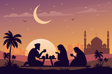 Muslim People Sharing Dates And Drinks Sunset Premium Digital Asset Ideal for Marketing