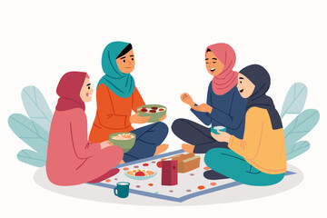 Muslim People Sitting Circle Sharing Meal Fla High-Quality Stock Image Ideal for Marketing
