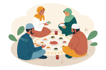 Muslim People Sitting Circle Sharing Meal Fla Premium Digital Asset Perfect for Editorial Content