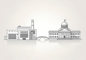 Naklejka premium Illustration representing government intervention in market economy showing bridge between industrial sector and parliament symbolizing regulation, policy control and economic governance
