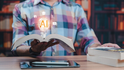 Student holding open book displays glowing AI lightbulb hologram representing smart education technology plus artificial intelligence learning inside library setting near digital tablet signifying © Mdisk