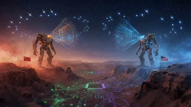 Epic showdown of humanoid robots in a sci-fi landscape futuristic arena digital art dramatic atmosphere