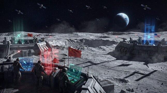 Humanoid space commanders engage in lunar strategy moon base digital battle sci-fi futuristic high-tech