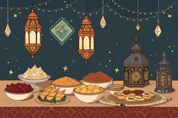 Elegant Traditional Muslim Iftar Table With Lanterns And Premium Digital Asset