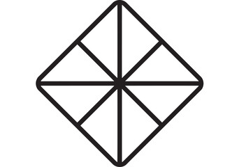 Diamond geometric icon with segmented facets and bold black outline, minimal line art crystal shape for logo design, app UI symbol, and abstract branding