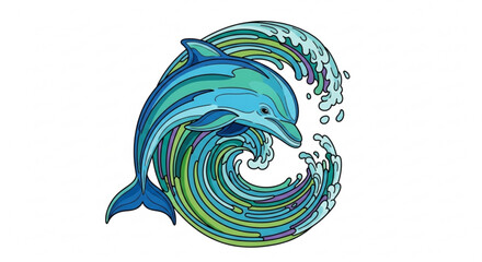 Fototapeta premium Vibrant dolphin jumping out of colorful ocean wave with water splashes on white background
