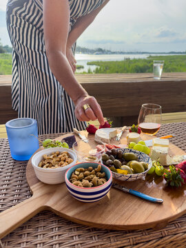 Charcuterie Cheese Olive board at summer party