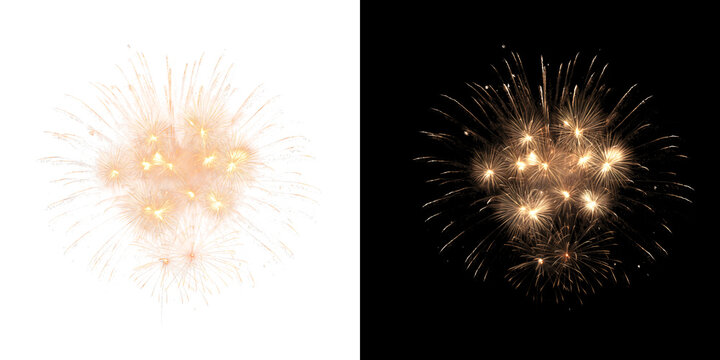 Sparkling golden fireworks burst on transparent and black background