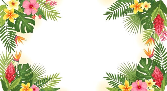 Tropical floral border with pink yellow and orange flowers