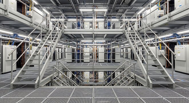 Industrial metal framework structure with multiple levels and staircases in a large facility viewed from below