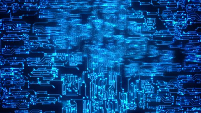 Abstract blue glowing circuit board pattern digital technology and data flow.