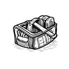 Hand-drawn toolbox illustration in black and white sketch style representing construction tools storage isolated on white.
