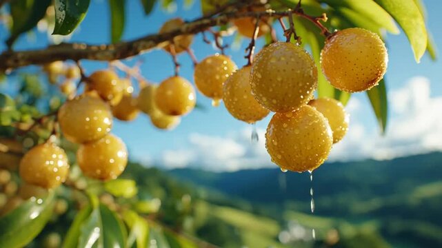 Juicy ripe longan fruits glowing on a sunlit orchard branch with green hills and blue sky, expressing tropical freshness, harvest season, and natural abundance in cinematic 4K.