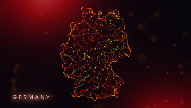 A creative cartography design featuring the Germany country border in a colorful plexus style. Glowing red and orange dots and lines represent digital technology and business communication.