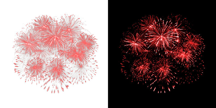 Red fireworks explosion collection on transparent and black backdrop