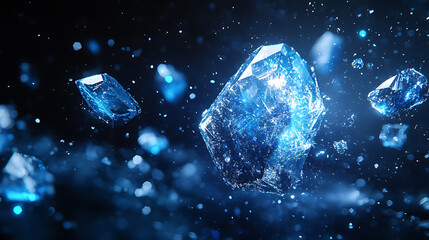 Obraz premium Abstract Blue Crystals Floating In Dark Space With Bokeh Lights And Magical Fantasy Atmosphere.