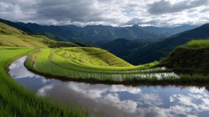 Fototapeta premium Serene Rice Terraces in Mountain Landscape Under Dramatic Sky with Cloud Reflections in Water on a Clear Day in Remote Nature Setting