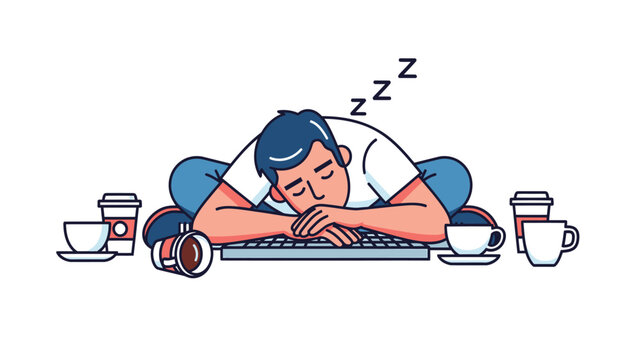 Exhausted person sleeping on keyboard surrounded by coffee cups. Overwork, burnout, and fatigue concept.
