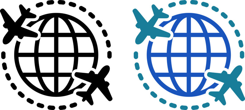 地球と飛行機で表現した海外旅行とグローバル移動のアイコン（Global Travel Icon with Airplanes and World Map）
