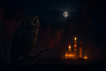 A wise owl perches on a branch against a mystical nighttime backdrop with a mosque glowing in the distance under a full moon. Owl and Karbala Concept