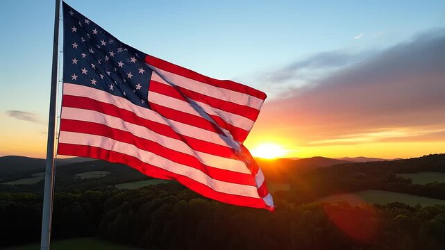"A dramatic scene of the United States flag waving proudly in the wind, set against a golden sunset over rolling hills and forested landscape, symbolizing patriotism, freedom, and national pride."
