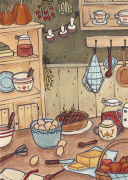 A kitchen where a cake is being prepared