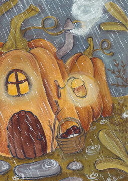 Illustration of some houses made of pumpkins