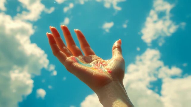 A hand reaching towards a bright blue sky filled with fluffy clouds, glistening with sunlight