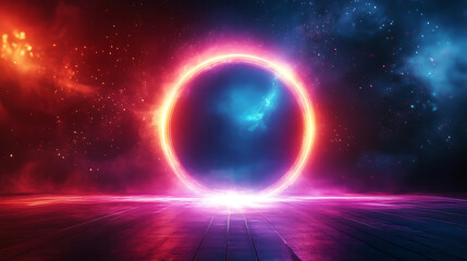 Obraz premium Glowing Neon Ring Portal In Cosmic Nebula With Vibrant Energy And Sci Fi Concept.