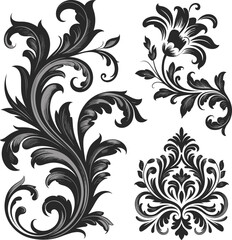 Vintage floral ornament collection with baroque scroll leaves and decorative botanical elements, elegant black design isolated on white background illustration